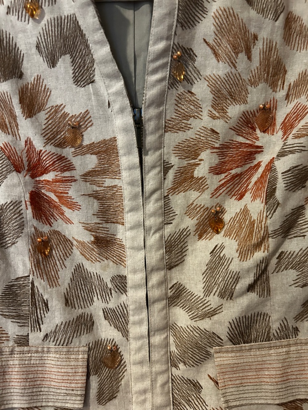 Coldwater Creek Cream Floral Quilted Blazer with Rust Accents Mandarin Collar 12